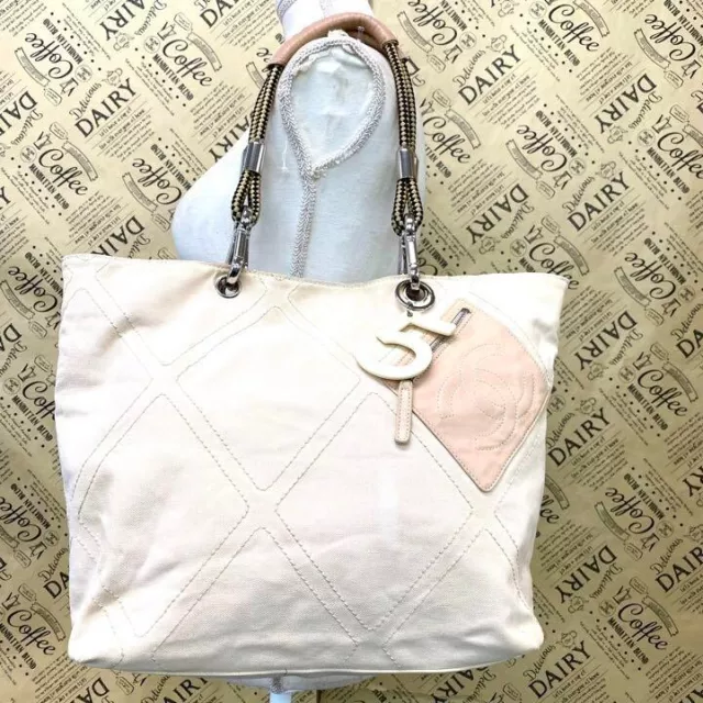 AUTHENTIC CHANEL OFF-WHITE Canvas CC No.5 Chain Shoulder Tote Bag
