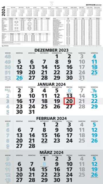 4-Monatskalender blau Kalender 2024 - 33x58,8cm - Organizer Büro Wandkalender