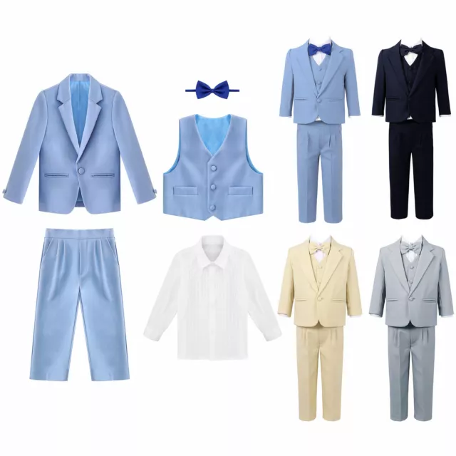 Set completo formale ragazzo 5 pezzi giacca slim fit gilet abito camicia pantaloni e fiocco 3