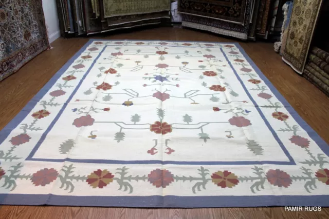 Indian Dhurrie Handmade 10' X 14' Wool Carpet. Woven Light Beige & Blue **Rug**
