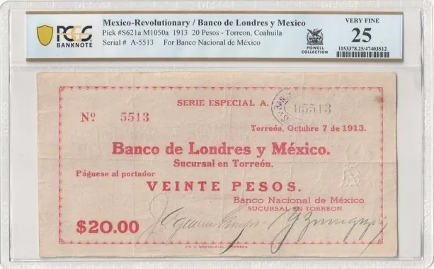 Mexico Rev / Banco de Londres y Mex P#S621a M1050a 1913 20 Pesos PCGS VF 25