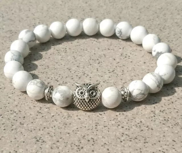 8mm Howlite Tibet silver Owl white Bracelet Buddhism Wrist Chakas 7.5inches