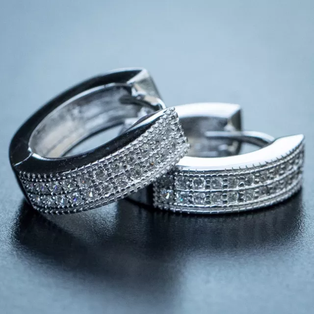 White Gold Plated Men's Small Sterling Silver Iced Cz Hoop Huggie Earrings