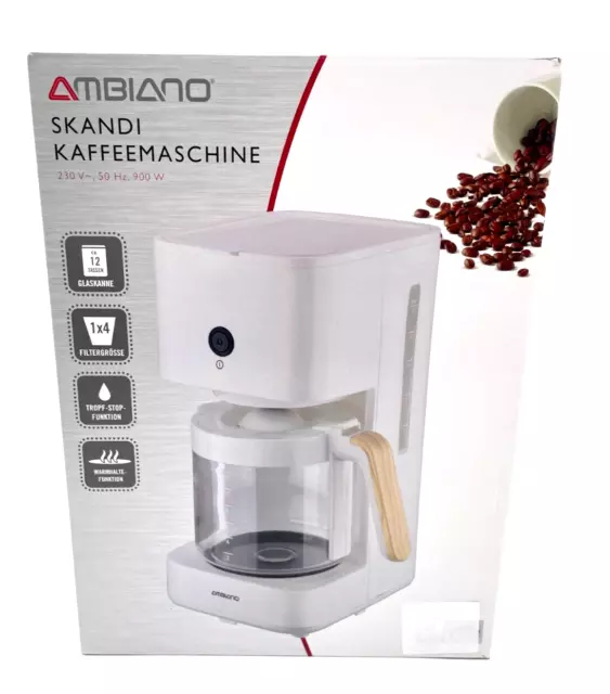 Ambiano® Skandi Kaffeemaschine weiß Holz Glaskanne Warmhaltefunktion Kaffee Neu