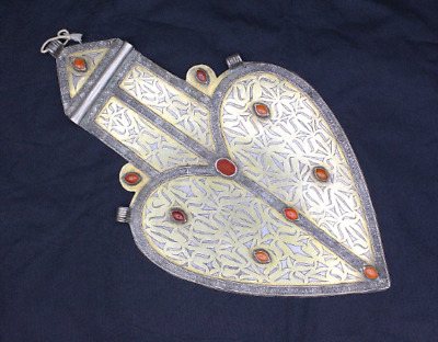 Turkmen Silver Carnelian Stone Asyk Large Pendant, Heart Shape Gold Gild Pendant