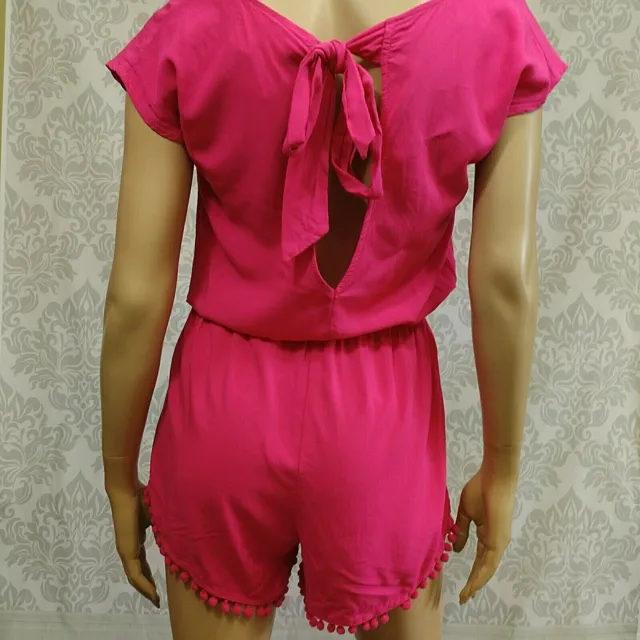 Mimi Chica Romper Shorts Size M Womens Fuschia Pink Tie Back Pom Pom Trim Rayon