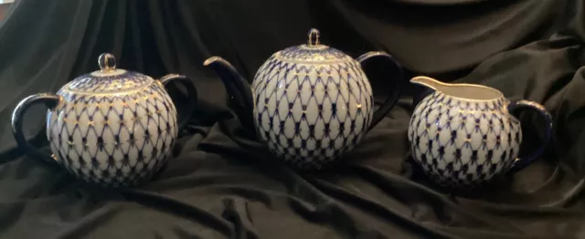 Vintage LOMONOSOV Cobalt Blue Gold Net Tea Pot Creamer Sugar Bowl Set RUSSIA