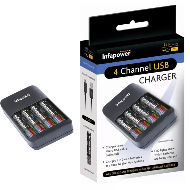 Infapower C015 & C014 4 Channel USB Home Battery Charger + 4AA 1300mAh Batteries