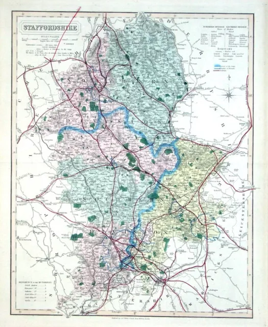 STAFFORDSHIRE, Walker Hand Coloured Antique County Railway Map ,  1877