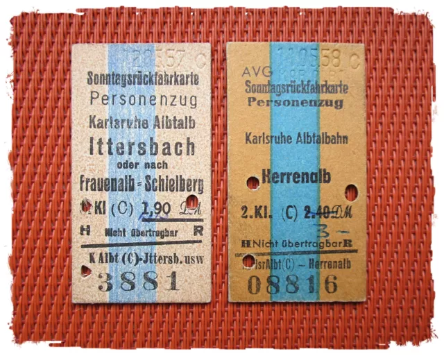 2 alte Fahrscheine KARLSRUHE ALBTALBAHN 1957/58 - Sonntagsrückfahrk. Ittersbach