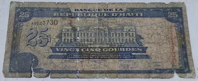 Haiti 🇭🇹 25 Gourdes Banknote 2004 (Heavily Circulated)
