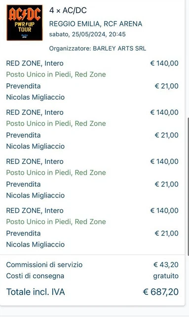 BIGLIETTO CONCERTO AC DC POWER UP Tour RED ZONE EUR 1.200,00 - PicClick IT