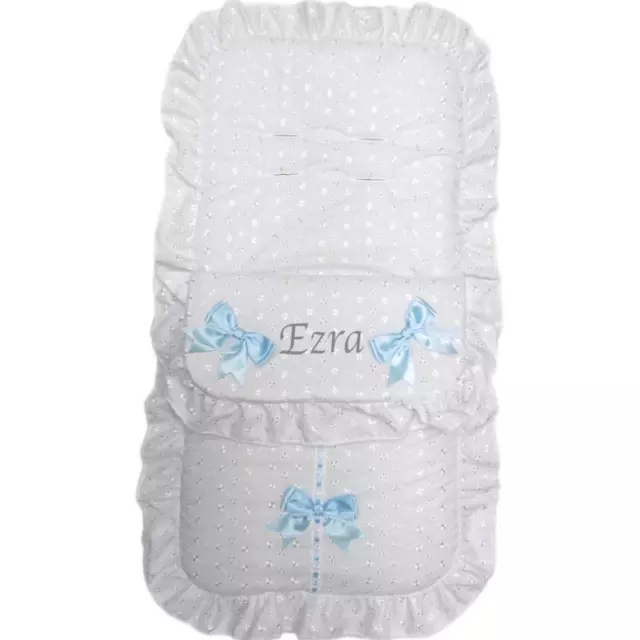 Personalised White Frilly Pram Footmuff with Blue Bows | Cosy Toes