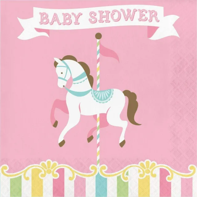 16 x Baby Dusche Karussell Pferd Servietten 33 cm Party Geschirr Zubehör rosa