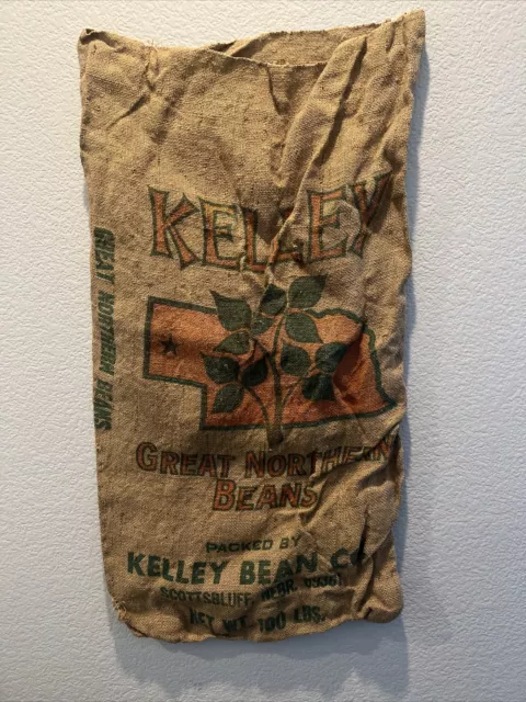 Vintage Kelley Great Northern Beans 100 LB Burlap Sack Railroad Bag Nebraska