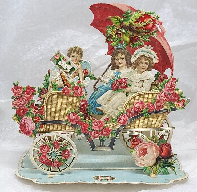 Large Victorian Embossed Die cut Valentine Pop-up Card Girls in Roses carriage