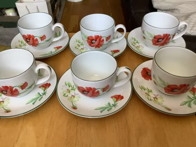 Royal Worcester Poppies Pattern 6 Tea Cups & 6 Saucers 1st Quality