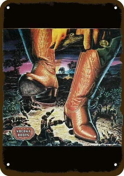 1982 NOCONA BOOTS Cowboy vs Tarantula Vintage Look DECORATIVE REPLICA METAL SIGN