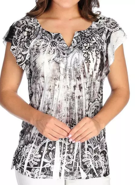 NEW - One World Printed Knit Raglan Sleeve Embellished Satin Trim Top