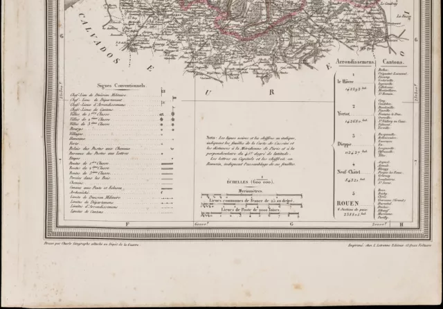 1839 - Old geographical map of the Seine-Lower. Department of France. 3