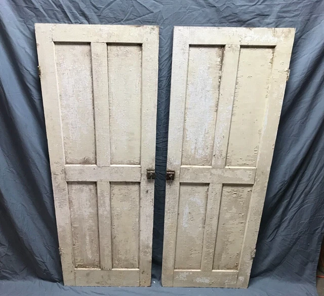 Pair Antique Wood 4 Panel Shabby White Cabinet Cupboard Doors VTG 21x60 188-23B 6