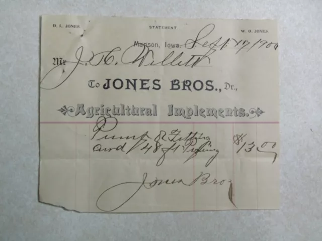 Jones Bros Agricultural Implements Manson Iowa IA 1900 Vintage Letterhead SBF94