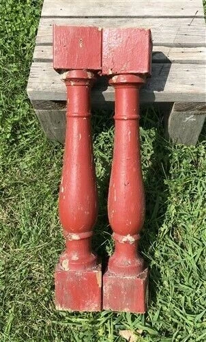 Pair Antique Wood Balusters, Architectural Salvage Chunky Spindles Columns b