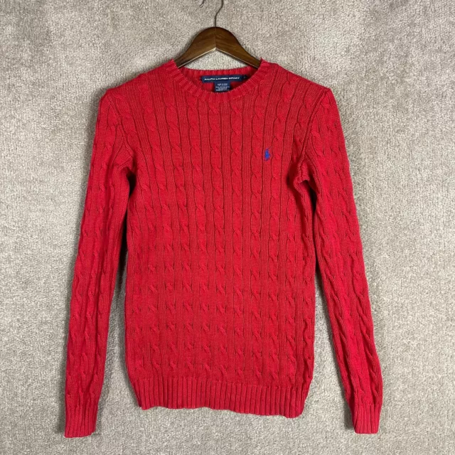 Ralph Lauren Sport Sweater Womens Small Red Cable Knit Crew Pullover Cotton Polo