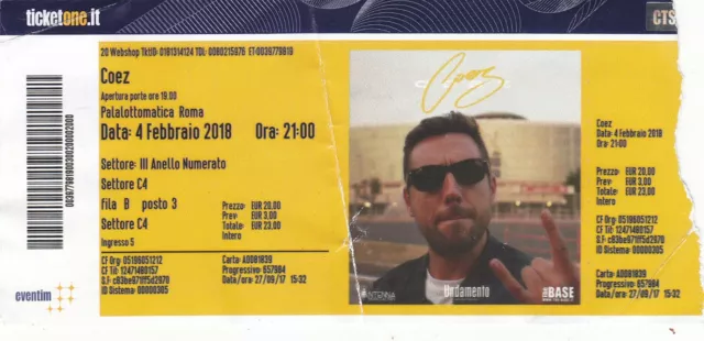 Biglietto Ticket Coez Concerto Roma  4 Febbraio 2018