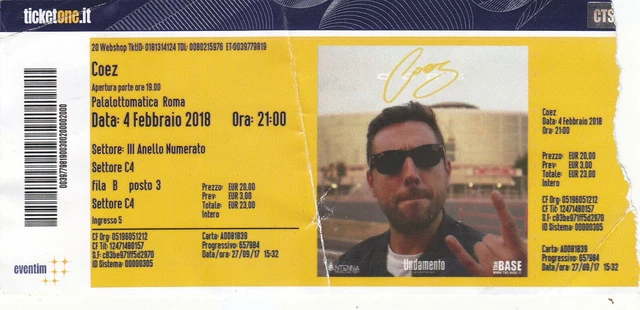 Biglietto Ticket Coez Concerto Roma  4 Febbraio 2018