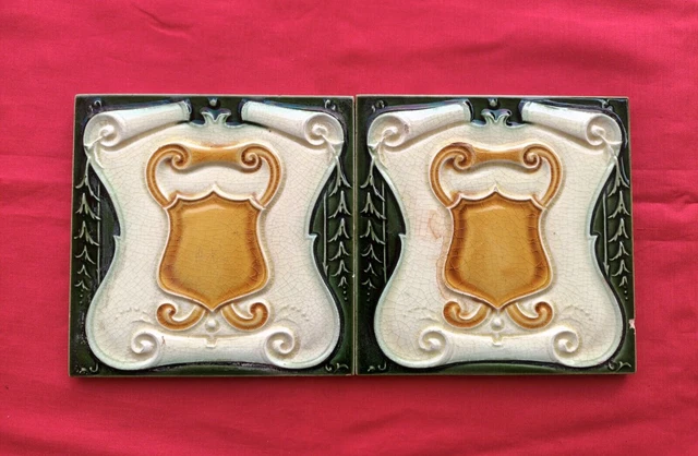 2 Piece Old Art Floral Design Embossed Majolica ceramic Tiles England 0228
