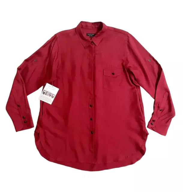 Rag & Bone Silk Button Up Shirt Rolled Sleeve Tunic deep Red SZ 6 $395