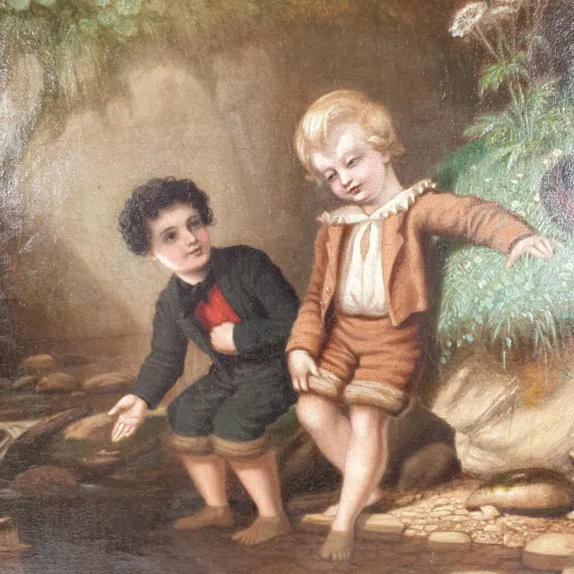 Antica tela ad olio del XIX secolo 2 ragazzi che giocano in un flusso firmata J. Nero 1863 3