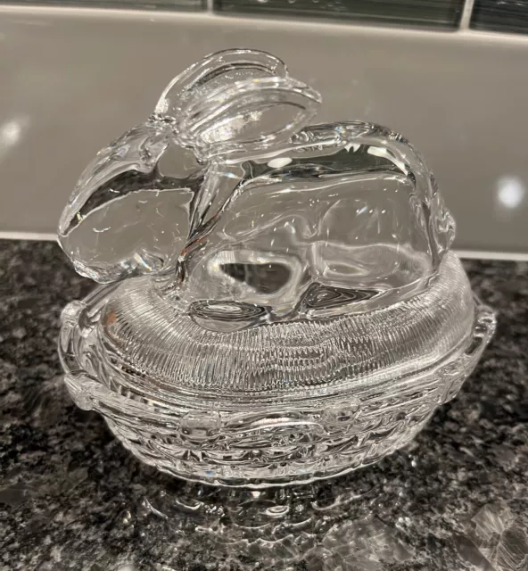 Clear Glass Bunny RABBIT on BASKET Weave Nest Covered Candy Trinket Dish Vintage
