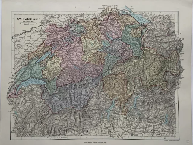 1882 Switzerland Hand Coloured Original Antique Map by Edward Stanford