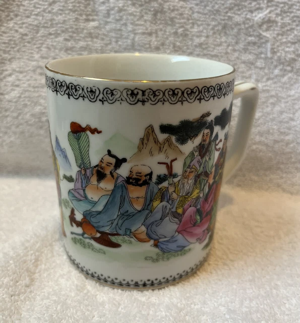 Vintage Hand Painted Chinese Coffee Mug Tea Cup Ceramic Goldtone Trim Asia