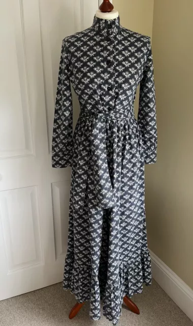 Vintage Laura Ashley 1970s Made In Wales Blue and White Print Maxi Dress Sz 10