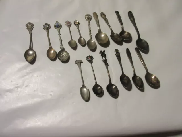 Vintage Mixed Baby Spoon Souvenir Lot Of 16 Some Silverplate & PEWTER