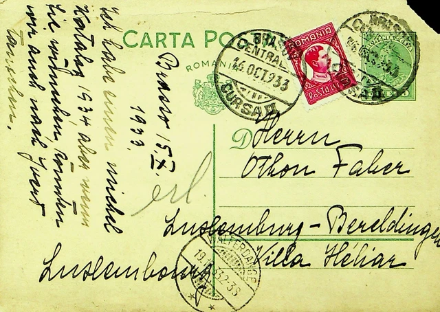 ROMANIA 1933 1v UPRATED POSTAL CARD TO LUXEMBOURG W/ CACHET