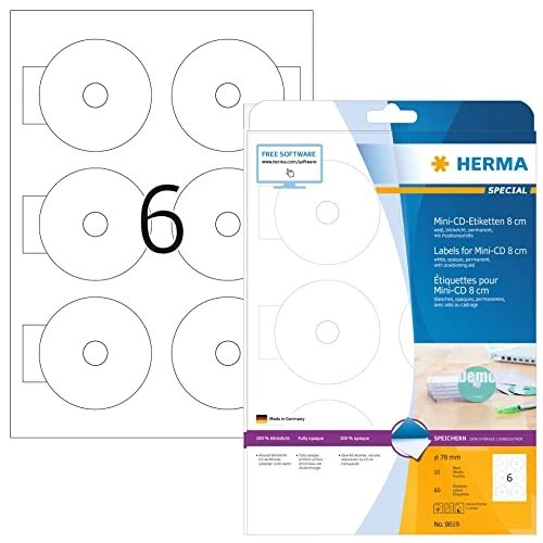 Herma 8619 Étiquettes de CD Mini diamètre 78 A4 60 pièces Blanc