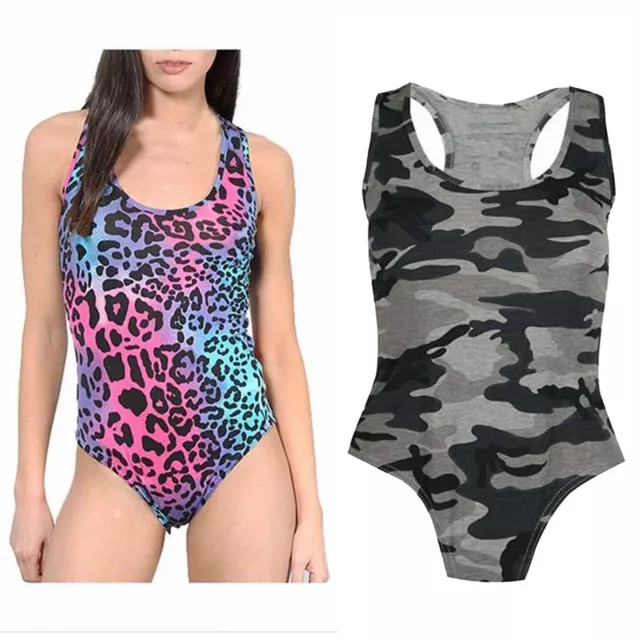 Ladies New Camoflague Print Women Neon Animal Sleeveless Top Leotard Bodysuit