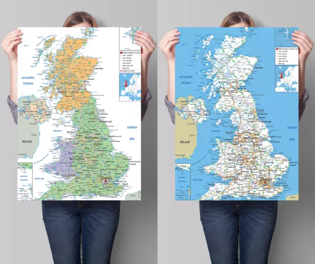 Laminated Uk Map Great Britain England Wales Ireland Poster Wall  A1 A2 A3 A4 3