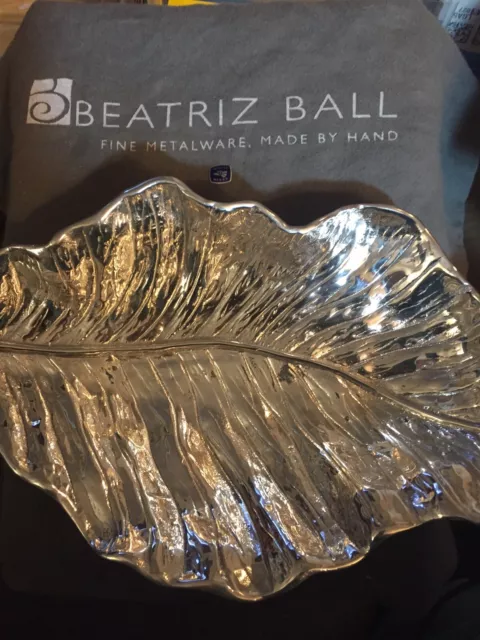 Beatriz Ball Handmade Silver-tone Autumn Leaf Dish Unused W/Bag 17.75” X 8.5” 3