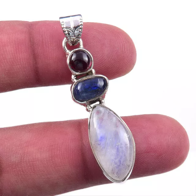 Natural Rainbow Moonstone, Kyanite 925 Solid Sterling Silver Pendant 1.75''