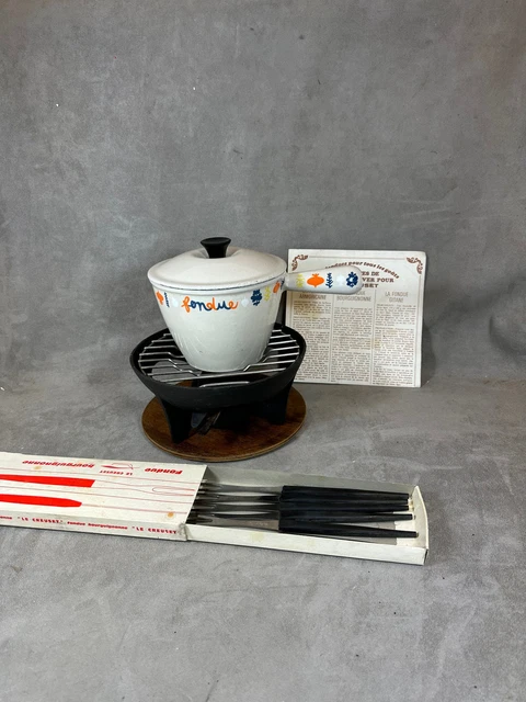 RARE SERVICE À fondue en fonte émaillée Creuset modèle chaudron orange EUR 135,00 - FR
