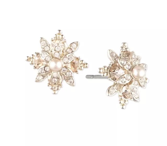 Marchesa Gold-Tone Pave Imitation Crystal Pearl Flower Quatrefoil Earrings New