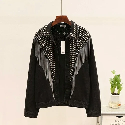 Denim Jacket Coat Women Rivet Tassel ChainShort Coats Loose LongSleeve BlackCoat