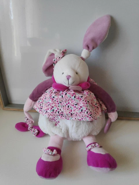 Doudou et Compagnie peluche lapin pantin d'activités Cerise blanc rose mauve