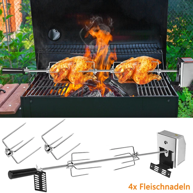 Profi BBQ Grillspieß mit Edelstahl Motor Drehspieß Automatisch 4x Fleischnadeln