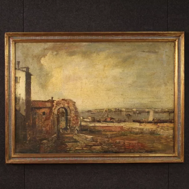 Dipinto quadro olio su tela paesaggio marina cornice stile antico XX secolo